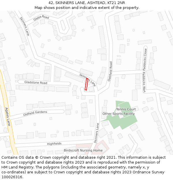 42, SKINNERS LANE, ASHTEAD, KT21 2NR: Location map and indicative extent of plot