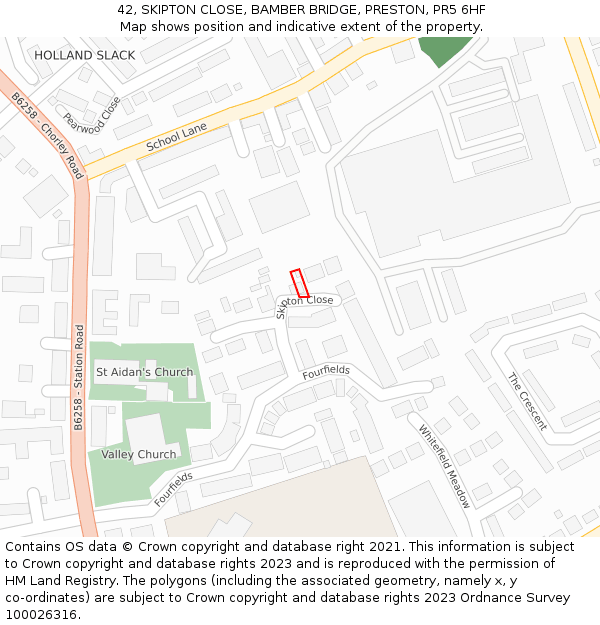 42, SKIPTON CLOSE, BAMBER BRIDGE, PRESTON, PR5 6HF: Location map and indicative extent of plot