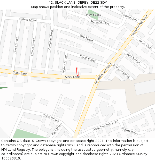 42, SLACK LANE, DERBY, DE22 3DY: Location map and indicative extent of plot