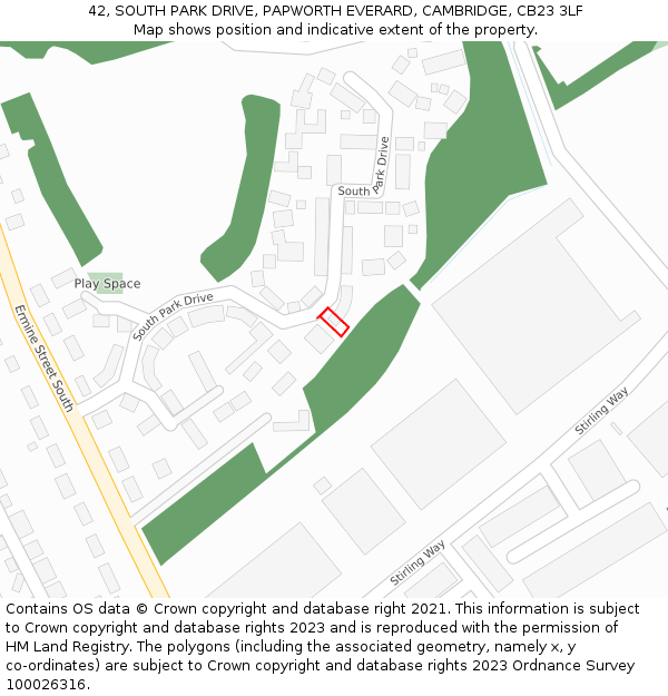 42, SOUTH PARK DRIVE, PAPWORTH EVERARD, CAMBRIDGE, CB23 3LF: Location map and indicative extent of plot