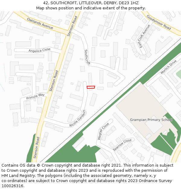 42, SOUTHCROFT, LITTLEOVER, DERBY, DE23 1HZ: Location map and indicative extent of plot
