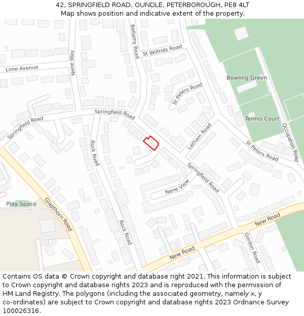 42, SPRINGFIELD ROAD, OUNDLE, PETERBOROUGH, PE8 4LT: Location map and indicative extent of plot