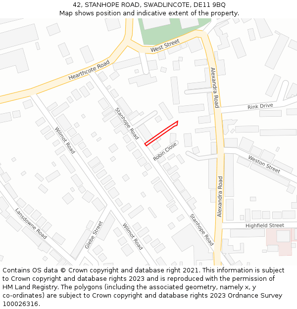 42, STANHOPE ROAD, SWADLINCOTE, DE11 9BQ: Location map and indicative extent of plot