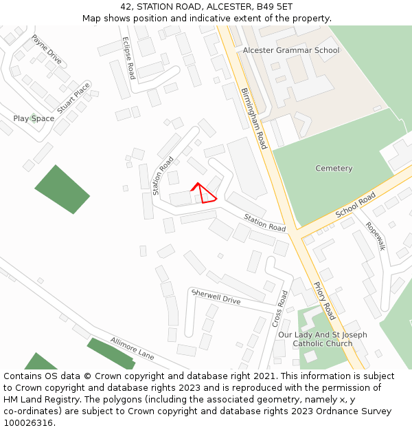 42, STATION ROAD, ALCESTER, B49 5ET: Location map and indicative extent of plot