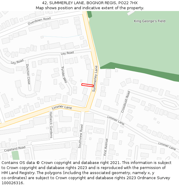 42, SUMMERLEY LANE, BOGNOR REGIS, PO22 7HX: Location map and indicative extent of plot