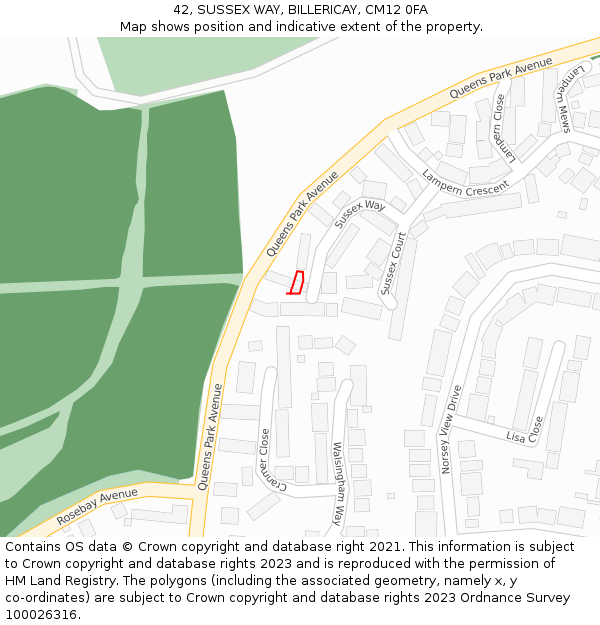 42, SUSSEX WAY, BILLERICAY, CM12 0FA: Location map and indicative extent of plot