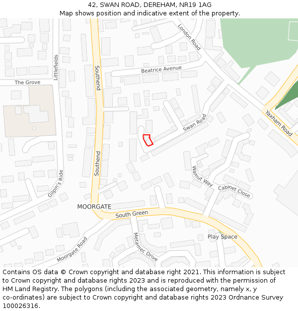 42, SWAN ROAD, DEREHAM, NR19 1AG: Location map and indicative extent of plot