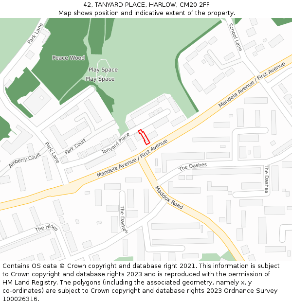 42, TANYARD PLACE, HARLOW, CM20 2FF: Location map and indicative extent of plot