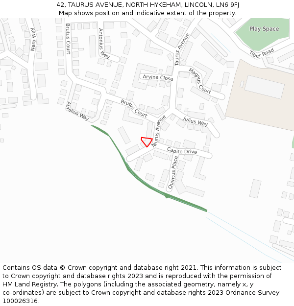 42, TAURUS AVENUE, NORTH HYKEHAM, LINCOLN, LN6 9FJ: Location map and indicative extent of plot