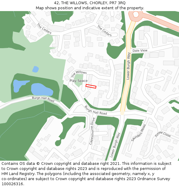 42, THE WILLOWS, CHORLEY, PR7 3RQ: Location map and indicative extent of plot
