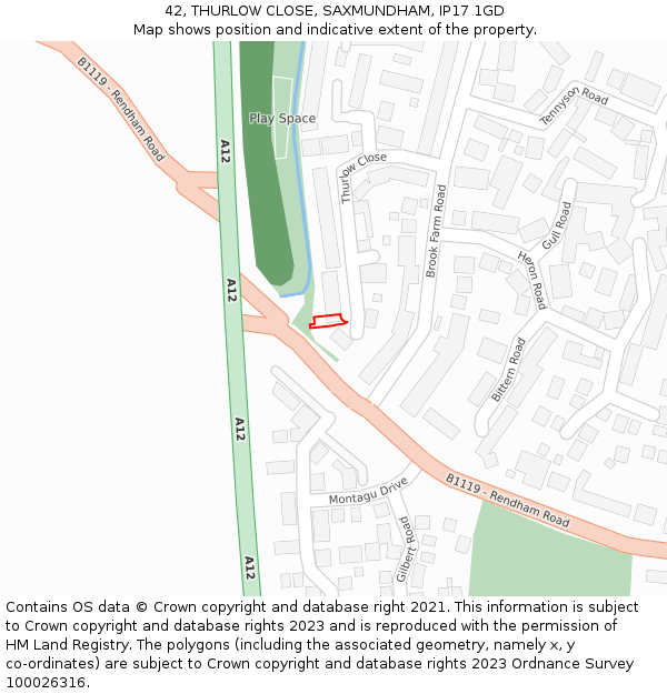 42, THURLOW CLOSE, SAXMUNDHAM, IP17 1GD: Location map and indicative extent of plot