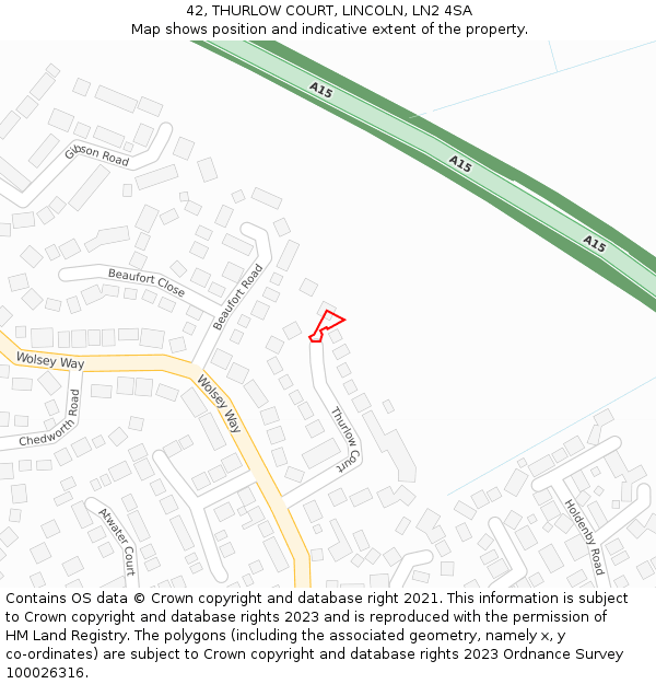 42, THURLOW COURT, LINCOLN, LN2 4SA: Location map and indicative extent of plot