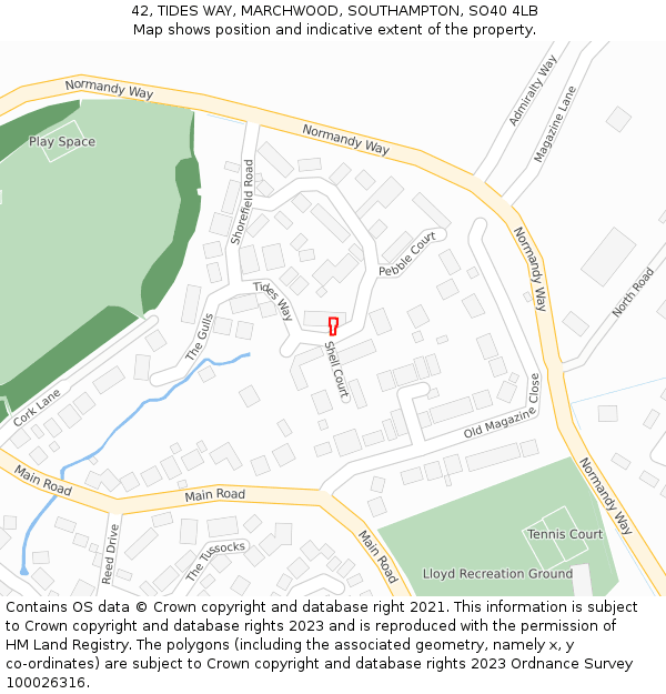42, TIDES WAY, MARCHWOOD, SOUTHAMPTON, SO40 4LB: Location map and indicative extent of plot
