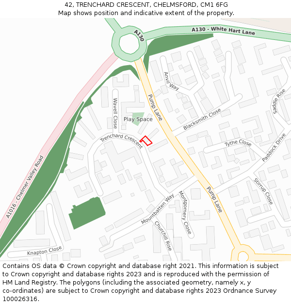 42, TRENCHARD CRESCENT, CHELMSFORD, CM1 6FG: Location map and indicative extent of plot