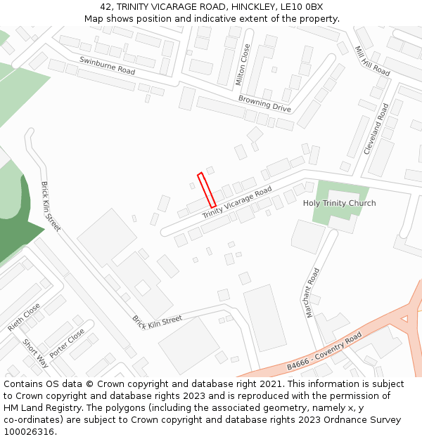 42, TRINITY VICARAGE ROAD, HINCKLEY, LE10 0BX: Location map and indicative extent of plot