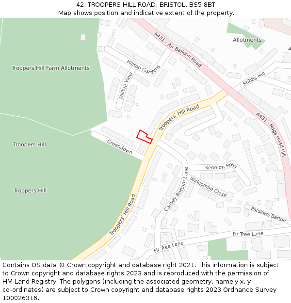 42, TROOPERS HILL ROAD, BRISTOL, BS5 8BT: Location map and indicative extent of plot