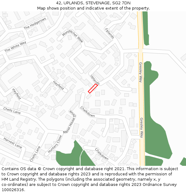 42, UPLANDS, STEVENAGE, SG2 7DN: Location map and indicative extent of plot