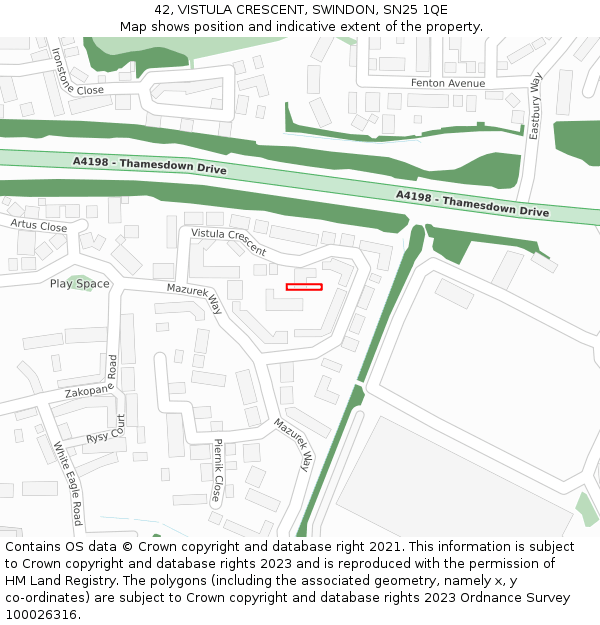42, VISTULA CRESCENT, SWINDON, SN25 1QE: Location map and indicative extent of plot
