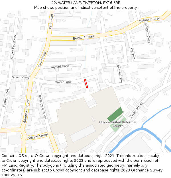 42, WATER LANE, TIVERTON, EX16 6RB: Location map and indicative extent of plot
