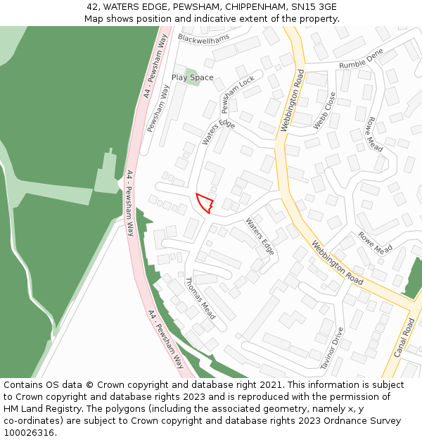 42, WATERS EDGE, PEWSHAM, CHIPPENHAM, SN15 3GE: Location map and indicative extent of plot