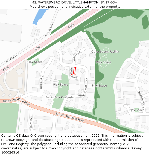 42, WATERSMEAD DRIVE, LITTLEHAMPTON, BN17 6GH: Location map and indicative extent of plot