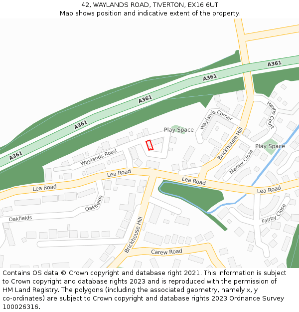 42, WAYLANDS ROAD, TIVERTON, EX16 6UT: Location map and indicative extent of plot