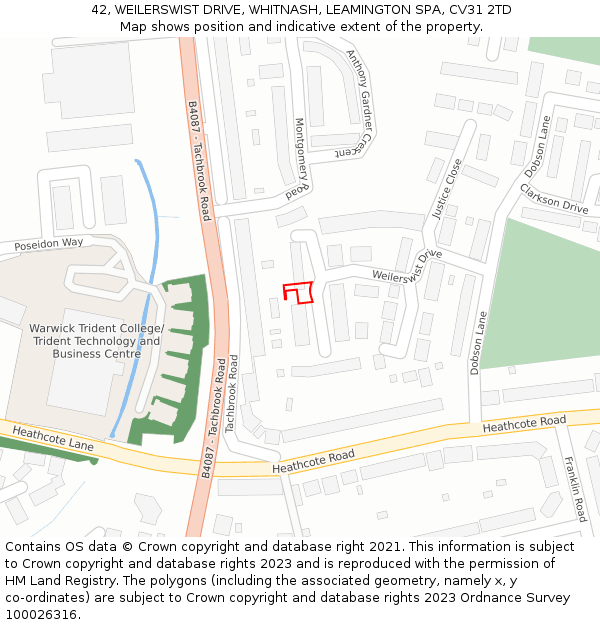 42, WEILERSWIST DRIVE, WHITNASH, LEAMINGTON SPA, CV31 2TD: Location map and indicative extent of plot