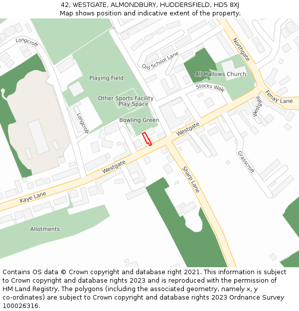 42, WESTGATE, ALMONDBURY, HUDDERSFIELD, HD5 8XJ: Location map and indicative extent of plot