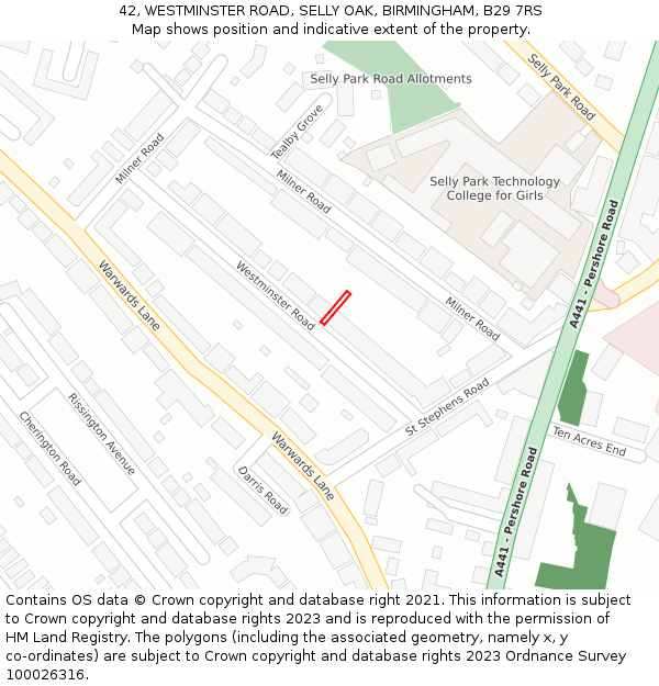 42, WESTMINSTER ROAD, SELLY OAK, BIRMINGHAM, B29 7RS: Location map and indicative extent of plot