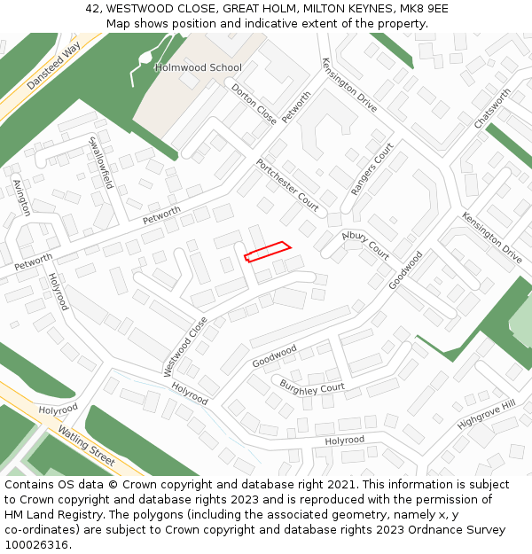 42, WESTWOOD CLOSE, GREAT HOLM, MILTON KEYNES, MK8 9EE: Location map and indicative extent of plot