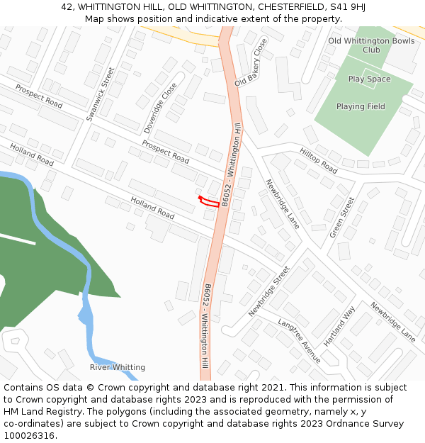 42, WHITTINGTON HILL, OLD WHITTINGTON, CHESTERFIELD, S41 9HJ: Location map and indicative extent of plot