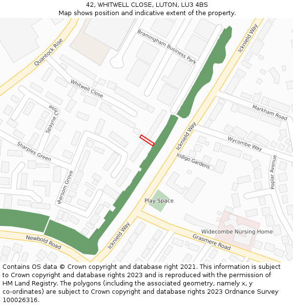 42, WHITWELL CLOSE, LUTON, LU3 4BS: Location map and indicative extent of plot