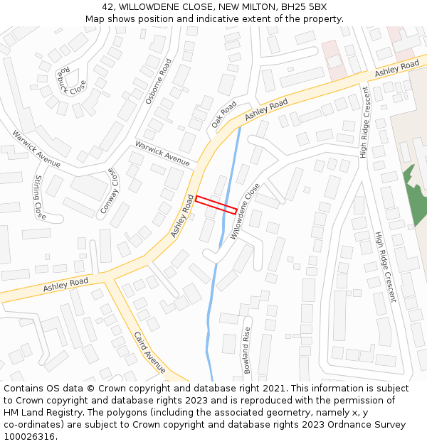 42, WILLOWDENE CLOSE, NEW MILTON, BH25 5BX: Location map and indicative extent of plot