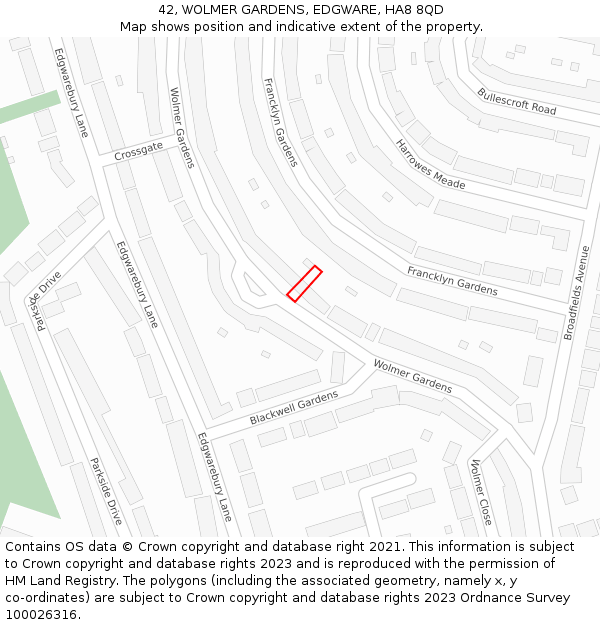 42, WOLMER GARDENS, EDGWARE, HA8 8QD: Location map and indicative extent of plot