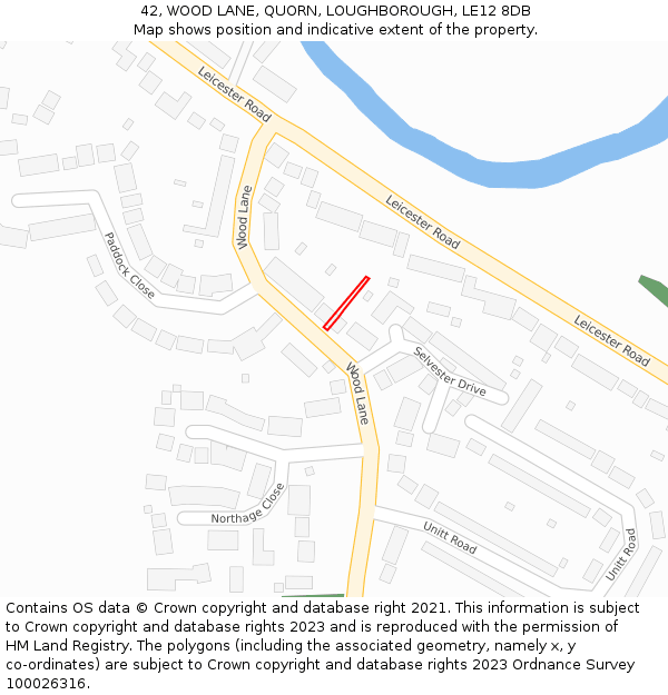 42, WOOD LANE, QUORN, LOUGHBOROUGH, LE12 8DB: Location map and indicative extent of plot