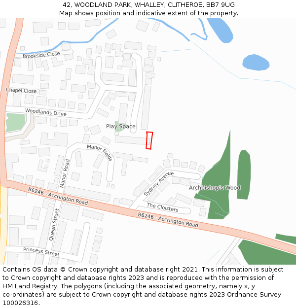 42, WOODLAND PARK, WHALLEY, CLITHEROE, BB7 9UG: Location map and indicative extent of plot