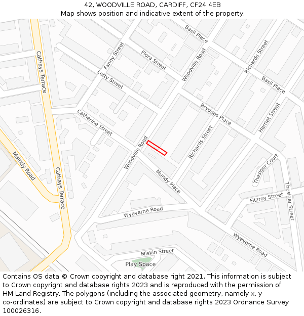 42, WOODVILLE ROAD, CARDIFF, CF24 4EB: Location map and indicative extent of plot