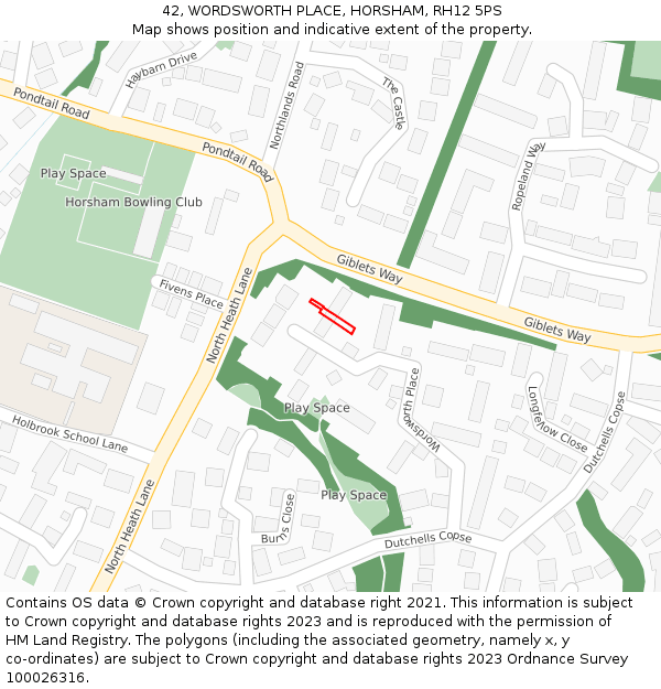 42, WORDSWORTH PLACE, HORSHAM, RH12 5PS: Location map and indicative extent of plot