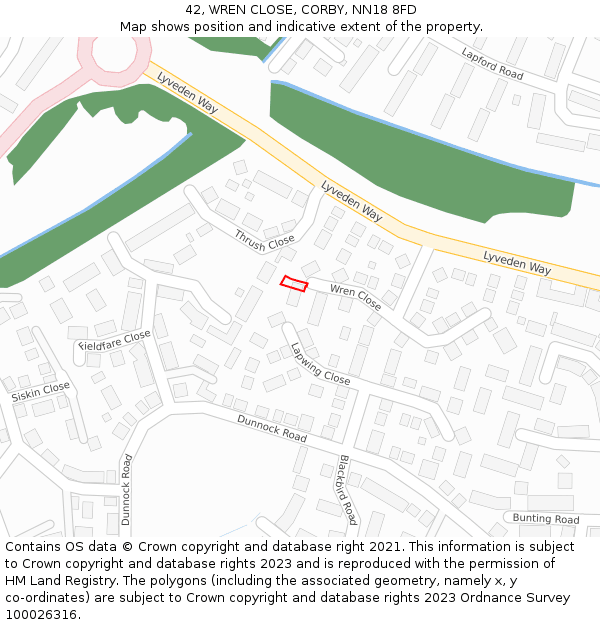 42, WREN CLOSE, CORBY, NN18 8FD: Location map and indicative extent of plot
