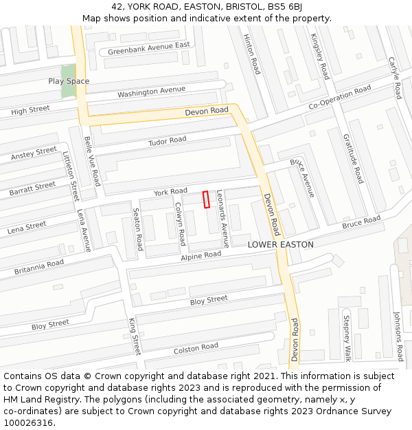 42, YORK ROAD, EASTON, BRISTOL, BS5 6BJ: Location map and indicative extent of plot