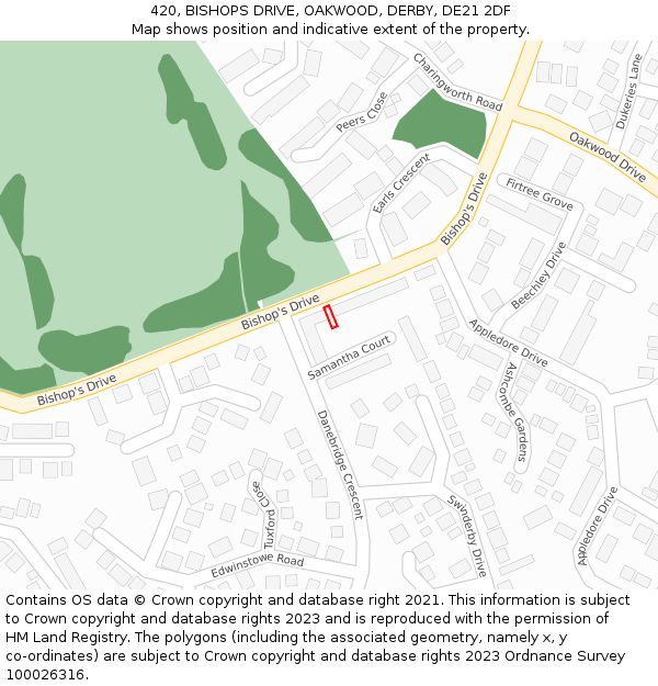 420, BISHOPS DRIVE, OAKWOOD, DERBY, DE21 2DF: Location map and indicative extent of plot