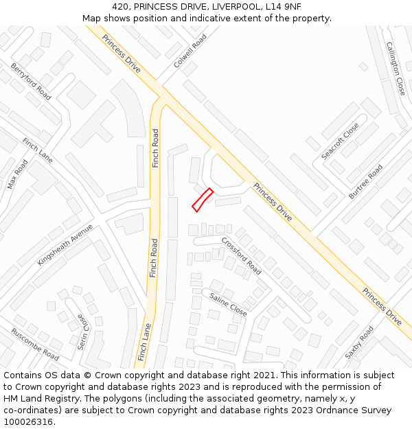 420, PRINCESS DRIVE, LIVERPOOL, L14 9NF: Location map and indicative extent of plot