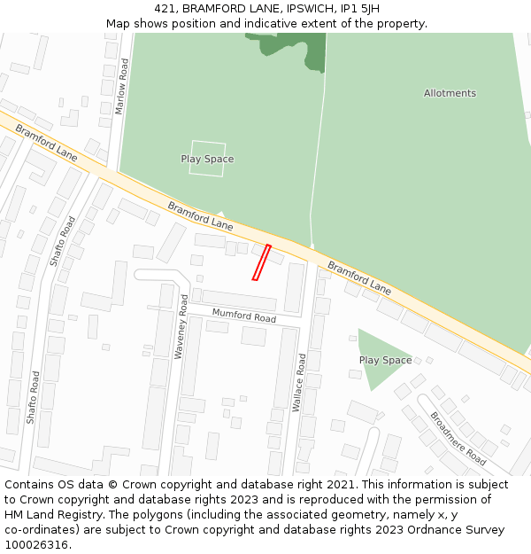 421, BRAMFORD LANE, IPSWICH, IP1 5JH: Location map and indicative extent of plot