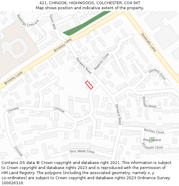 421, CHINOOK, HIGHWOODS, COLCHESTER, CO4 9XT: Location map and indicative extent of plot