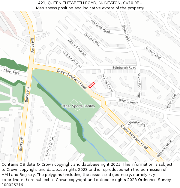 421, QUEEN ELIZABETH ROAD, NUNEATON, CV10 9BU: Location map and indicative extent of plot