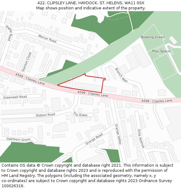 422, CLIPSLEY LANE, HAYDOCK, ST. HELENS, WA11 0SX: Location map and indicative extent of plot