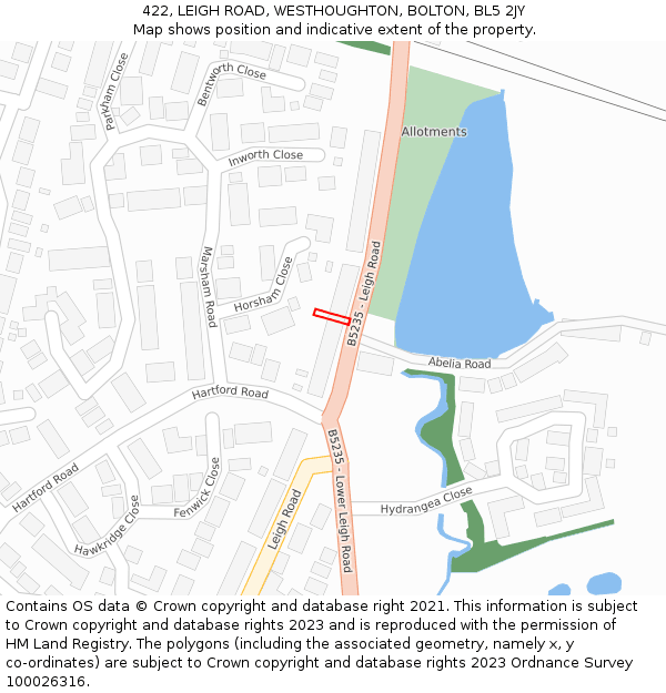 422, LEIGH ROAD, WESTHOUGHTON, BOLTON, BL5 2JY: Location map and indicative extent of plot