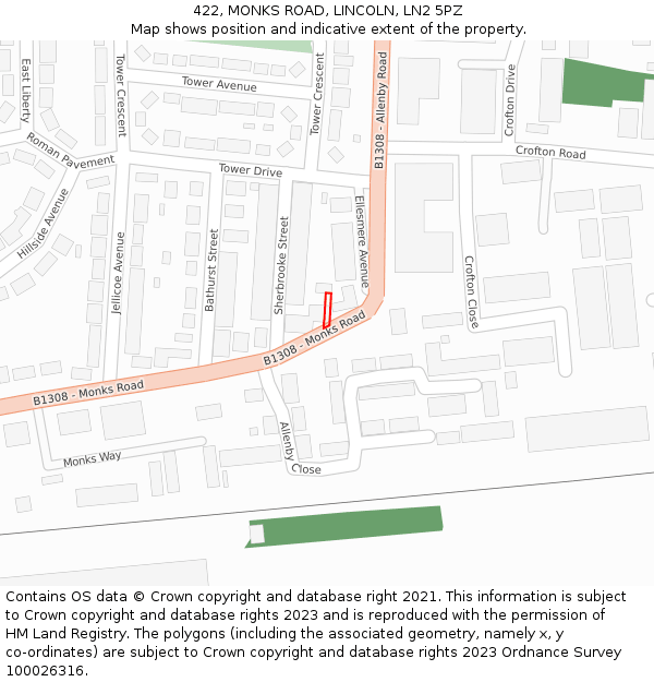 422, MONKS ROAD, LINCOLN, LN2 5PZ: Location map and indicative extent of plot