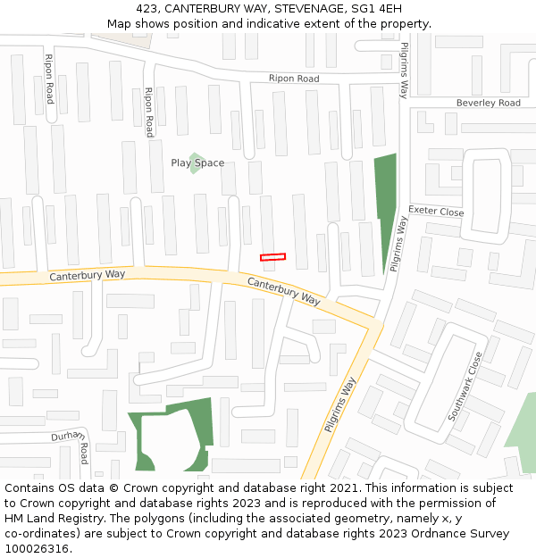 423, CANTERBURY WAY, STEVENAGE, SG1 4EH: Location map and indicative extent of plot