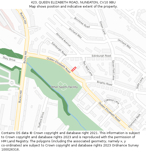 423, QUEEN ELIZABETH ROAD, NUNEATON, CV10 9BU: Location map and indicative extent of plot